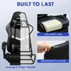 A collage showcasing the construction of a gaming chair, highlighting its durable steel frame, high-density foam, and tear-resistant PU leather. Voir les images du produit