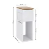 A white bedside table with a wooden top, shown with dimensions indicated by lines and text. Náhled obrázku produktu