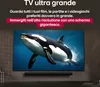 A large TV displaying a killer whale is mounted on a wall with a soundbar below it. Text overlays describe the TV's features. Produktbild-Vorschau