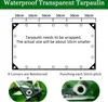 Diagram and close-up shots illustrating the features of a waterproof transparent tarpaulin. Produktbild-Vorschau