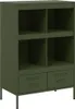 A green metal highboard with four open shelves and two drawers, shown from the front on a light gray background. Voir les images du produit