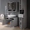A modern bathroom vanity set with a sink, cabinets, and a tall storage unit against a dark gray tiled wall. Produktbild-Vorschau