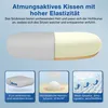 Marketing image showing a cushion with feature callouts. Produktbild-Vorschau