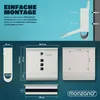 Diagrams and text illustrating the easy mounting of a mailbox, along with its dimensions. Produktbild-Vorschau