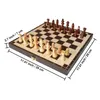 A wooden chess set is displayed on a white background, with dimensions indicated by text overlays. Produktbild-Vorschau