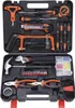 A black tool case filled with various tools, including screwdrivers, pliers, a hammer, and a tape measure. Produktbild-Vorschau