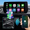 A car's dashboard with a smartphone connected to the car's infotainment system via a USB adapter, displaying various app icons. Produktbild-Vorschau