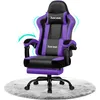 A purple and black gaming chair with a footrest, shown on a white and gray fluffy rug. Produktbild-Vorschau