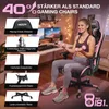 A woman is sitting in a pink and black gaming chair, holding dumbbells. The background shows a desk with computers and shelves. There are also feature callouts on the left side of the image. Produktbild-Vorschau