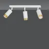 A white ceiling lamp with three adjustable spotlights with gold accents is shown against a dark gray background. Podgląd zdjęcia produktu