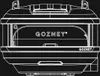 A white line drawing of a pizza oven on a black background. Produktbild-Vorschau