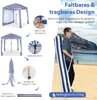 A man carrying a folded beach tent on a beach with the ocean and mountains in the background. The image also includes instructional diagrams of how to fold and store the tent. Anteprima dell’immagine prodotto