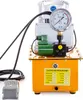 A hydraulic electric pump with a pressure gauge and a foot pedal, set against a white background.
