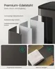 Diagram showing the layers of stainless steel in a trash can, with close-ups of the surface texture and a cleaning cloth. Produktbild-Vorschau