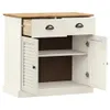 A white and wood sideboard with one drawer open and two cabinet doors ajar, shown against a white background. Voir les images du produit