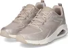A pair of beige Skechers sneakers with glitter accents and white soles, shown from a front-diagonal angle on a white background. Voir les images du produit
