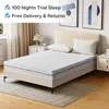 A bedroom scene with a mattress on a bed frame, bedside tables, and artwork on the wall. Produktbild-Vorschau