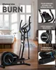 An elliptical bike is shown in a room with a bed and windows. There are also close-up images of its features. Produktbild-Vorschau