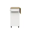 A side view of a white kitchen cart with a wooden drop-leaf tabletop and a built-in spice rack and towel holder. Produktbild-Vorschau