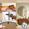 A collage showing the steps for mounting a round mirror, with a lifestyle shot of the mirror on a wall above a cabinet. Produktbild-Vorschau