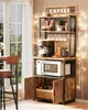 A coffee station setup with a microwave, coffee maker, and mugs on a rustic-style shelf unit, decorated with string lights. Náhled obrázku produktu