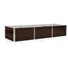 A long, rectangular raised garden bed with a dark brown exterior and silver metal trim. Dimensions are indicated by labels. Náhľad obrázku produktu