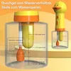 A diagram showing a duck-shaped dispenser with measurement markings for water and shower gel, illustrating how to mix them for water saving. Produktbild-Vorschau