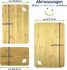 A size chart showing three bamboo cutting boards with dimensions indicated by measurement lines and text. Produktbild-Vorschau