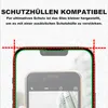 A close-up of a smartphone screen protector, showing its dimensions and compatibility with cases. Produktbild-Vorschau
