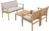 A wooden garden furniture set including a bench, two chairs, and a coffee table, all with light gray cushions, displayed against a white background. Voir les images du produit