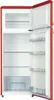 An open, empty, red retro-style refrigerator. Produktbild-Vorschau