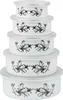 A stack of five white enamel bowls with a black floral and dragonfly motif, each with a clear lid. Produktbild-Vorschau