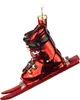 A close-up, studio shot of a red glass Christmas ornament shaped like ski boots and skis. Voir les images du produit