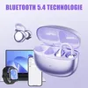 A marketing image showcasing purple clip-on Bluetooth 5.4 earbuds with a charging case, alongside a laptop, smartwatch, and smartphone. Produktbild-Vorschau