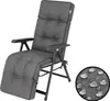 A gray recliner chair with a footrest, shown against a white background. A circular inset shows a close-up of the fabric with water droplets, indicating water resistance. Produktbild-Vorschau