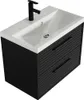 A black bathroom vanity with a white sink and a black faucet, shown from a diagonal angle. Voir les images du produit