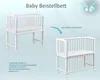 Two views of a white baby crib (Beistellbett) against a light blue gradient background. Text describes features and specifications. Produktbild-Vorschau