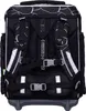 The back view of a black backpack with white crackle pattern and reflective stripes. Voir les images du produit