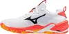 A side view of a white and red Mizuno Wave Stealth Neo 2 handball shoe against a white background. Podgląd zdjęcia produktu