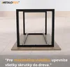 A black metal table frame rests on a wooden surface, with screws visible for assembly. Text overlays provide installation instructions. Náhľad obrázku produktu