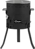 A black outdoor cooking stove with a grill grate on top, standing on three legs. Produktbild-Vorschau