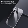 A clear phone case is shown on a dark, angled surface. Produktbild-Vorschau