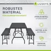 A marketing image showcasing a picnic table and bench set with feature callouts. Produktbild-Vorschau