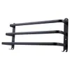 A black aluminum towel rack with three bars and two hooks, mounted on a white background. Voir les images du produit