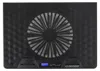 A top-down view of a black laptop cooling pad with a central fan and a small digital display. Podgląd zdjęcia produktu