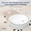 A white robot vacuum cleaner is shown on a carpeted floor, with several circular images of debris floating around it. Produktbild-Vorschau