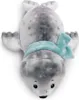 A plush toy seal lying on its back, wearing a blue scarf. Produktbild-Vorschau