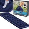 A dark blue inflatable mattress shown with a close-up of a foot pressing into it, the product's packaging, and a lifestyle image of a person camping. Náhled obrázku produktu