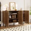 A wooden cabinet with its doors open, displaying shelves with various items like books, boxes, and decorative objects. A lamp and a framed picture are on top of the cabinet. Voir les images du produit
