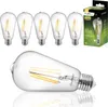 A group of clear glass LED light bulbs with visible filament, arranged in a row, with one bulb prominently displayed in the foreground. A product box is visible in the upper right corner. Produktbild-Vorschau